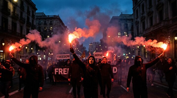 Hooded protesters marching through a European city street at dusk, holding burning red flares and 'FREEDOM' and 'LIBERTAD' banners