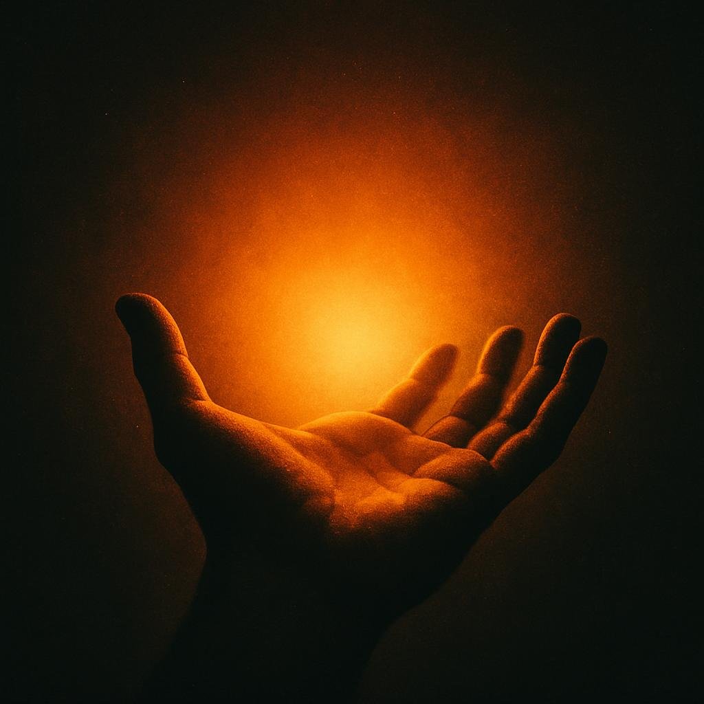 An open hand with warm orange light radiating from the palm, symbolizing receiving and agency