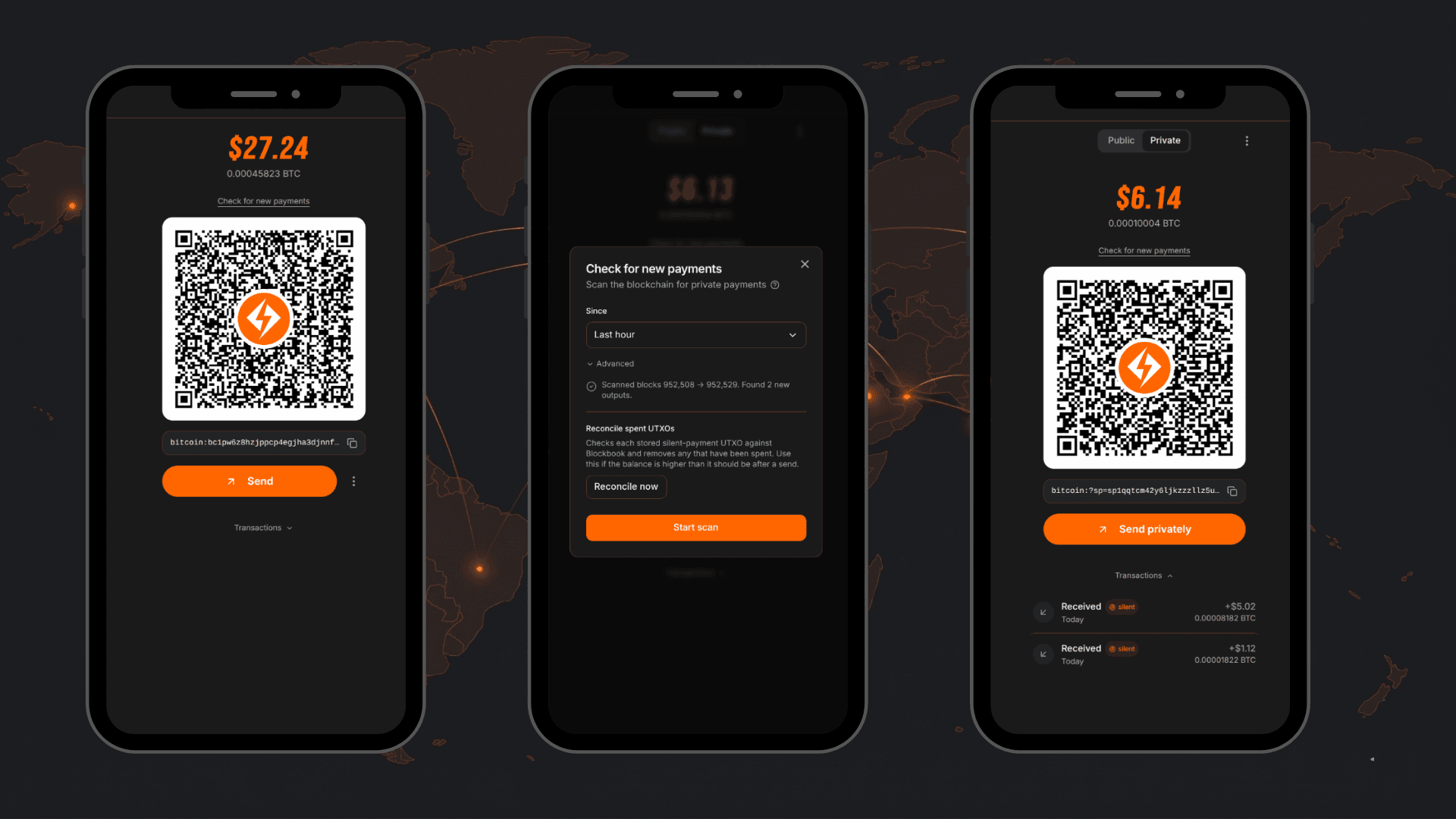 Agora wallet UI showing separate Public and Private wallet tabs with balance, receive QR, and send flow
