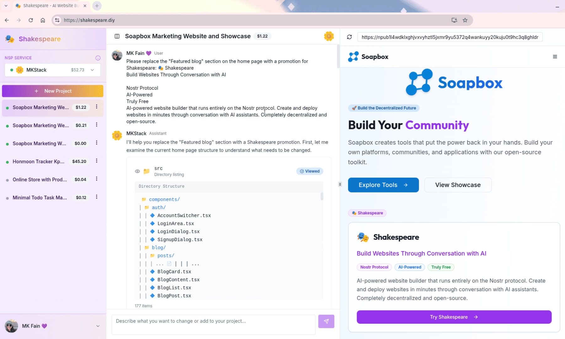 Shakespeare browser-based development environment showing chat interface and live preview