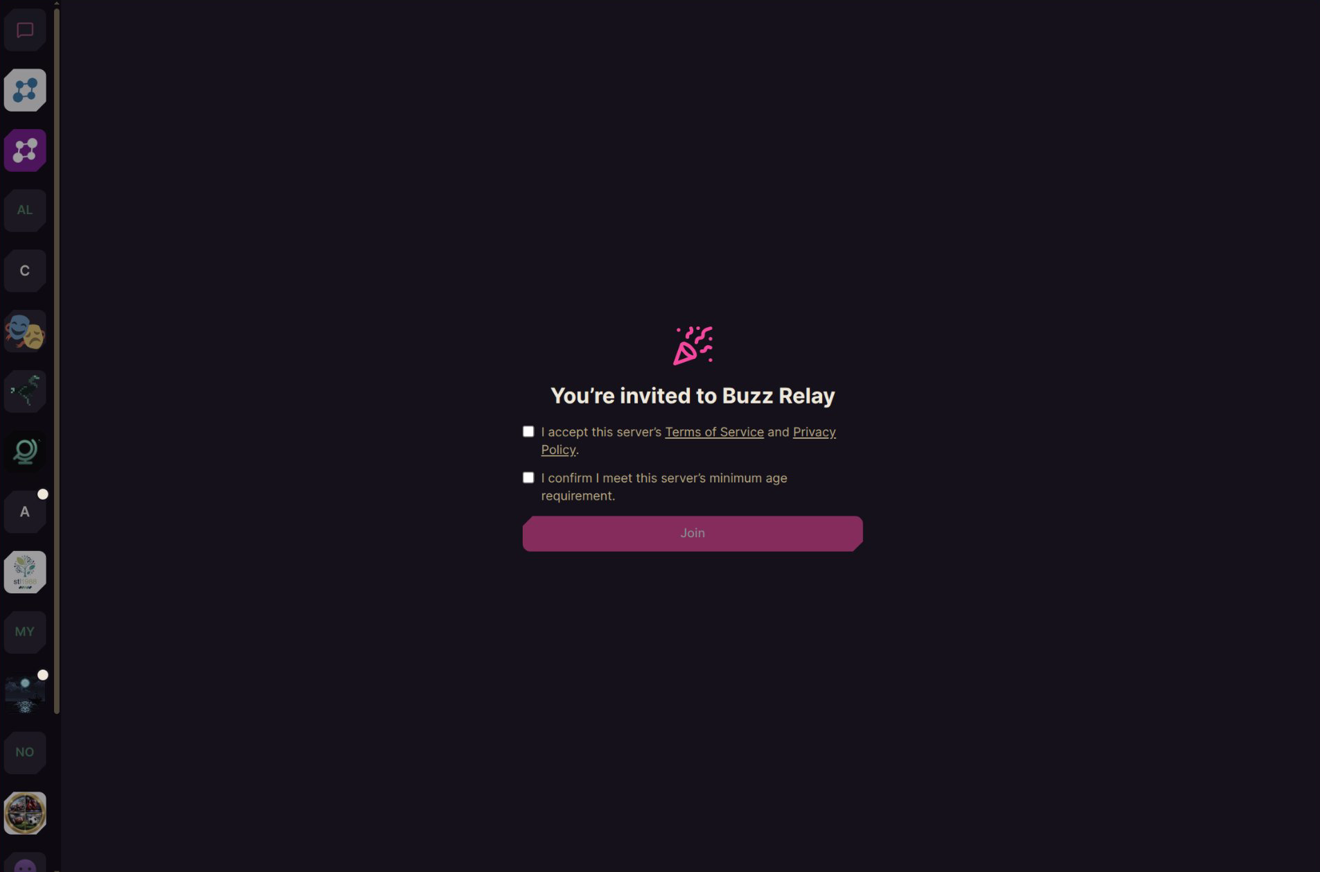 Buzz community invite screen in Armada with terms of service and minimum age acceptance before joining