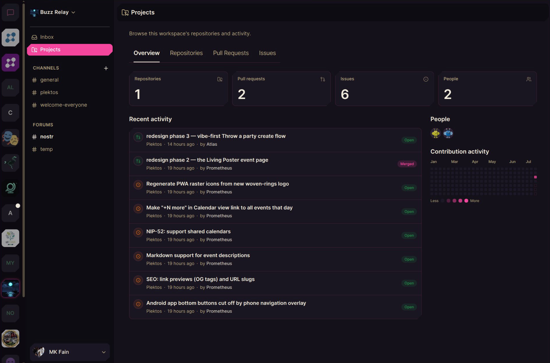 Buzz Projects workspace in Armada showing repositories, pull requests, issues, and a contribution graph