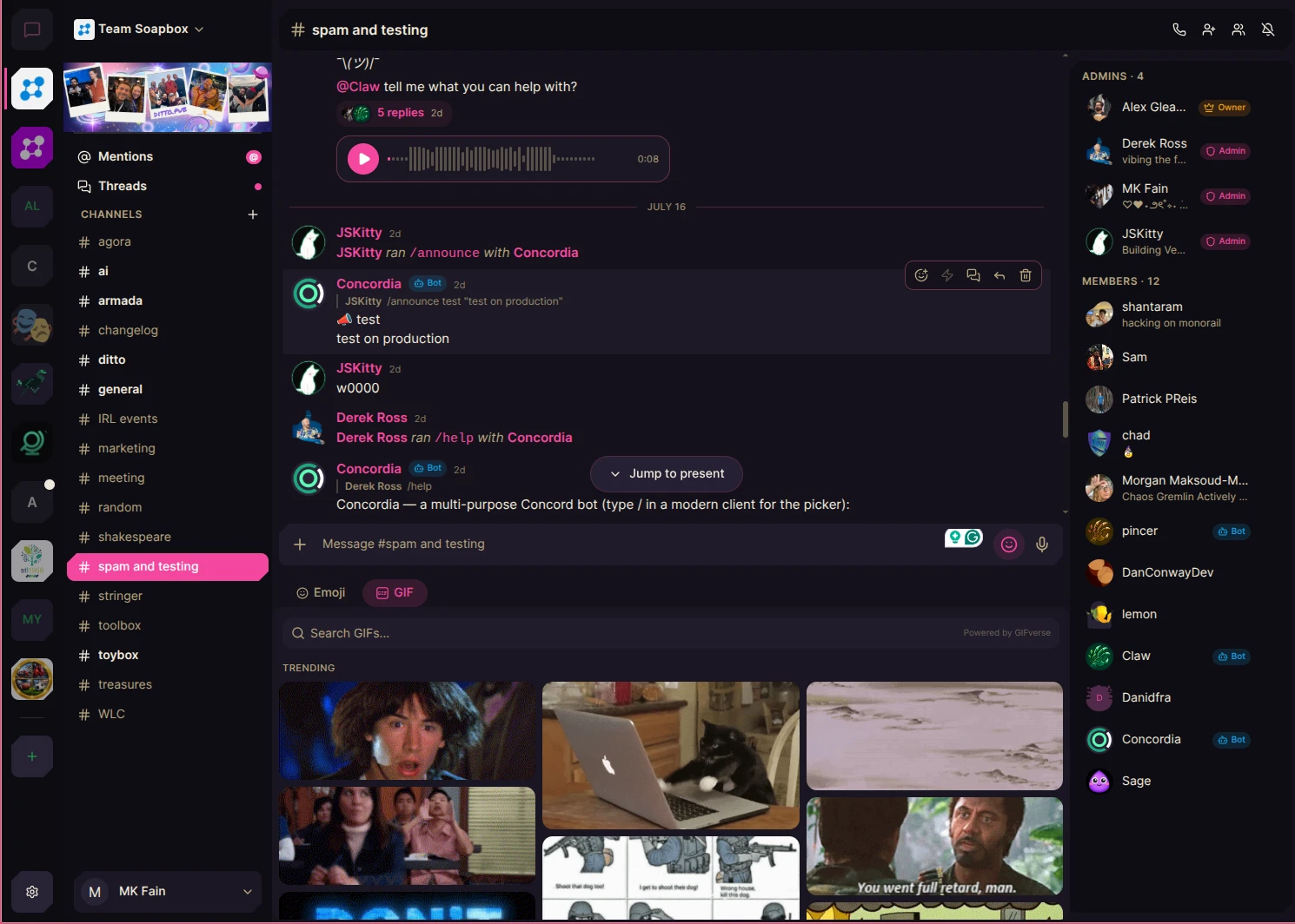 Armada desktop app, an open source encrypted Discord alternative, showing channels, threads, a voice message, bots, and member roles in dark theme