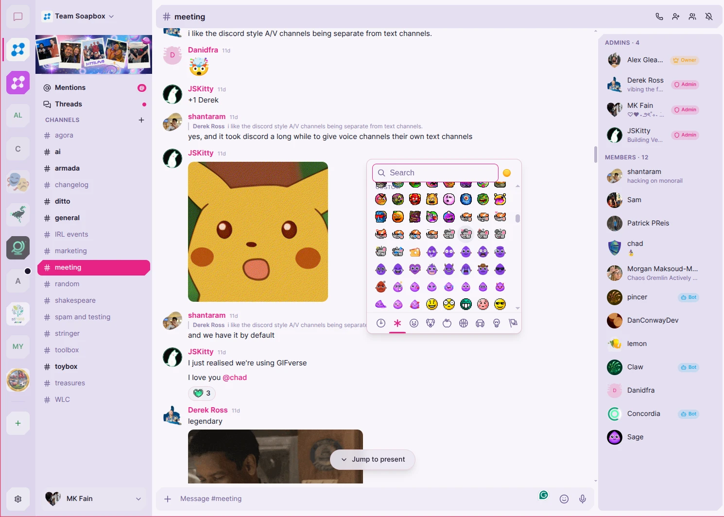 Armada light theme showing an encrypted community channel with a custom emoji picker, GIFs, reactions, and threaded replies, as a private Discord alternative