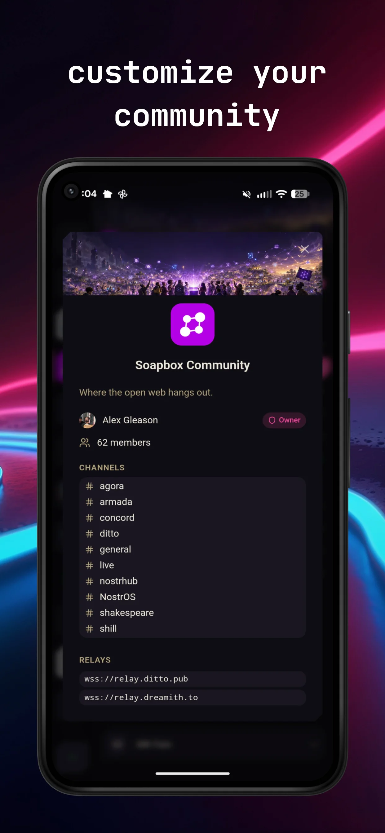 Armada community settings showing channels and the multiple independent relays an encrypted community runs on