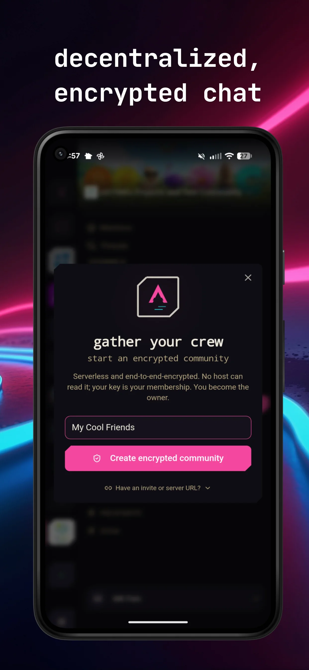 Create encrypted community screen in Armada, a decentralized encrypted chat app that signs you up without email or phone number