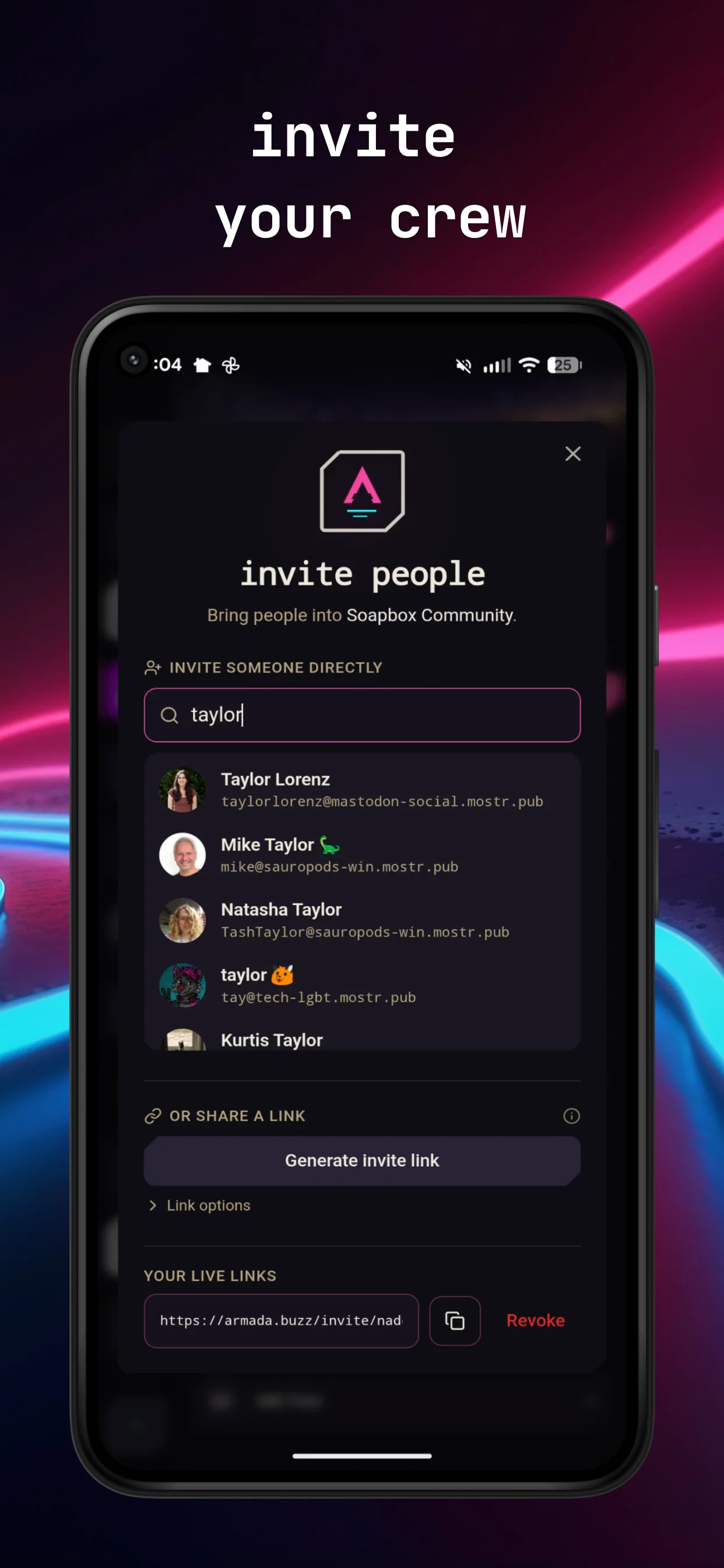 Inviting people to an encrypted Armada community with a shareable invite link on Android