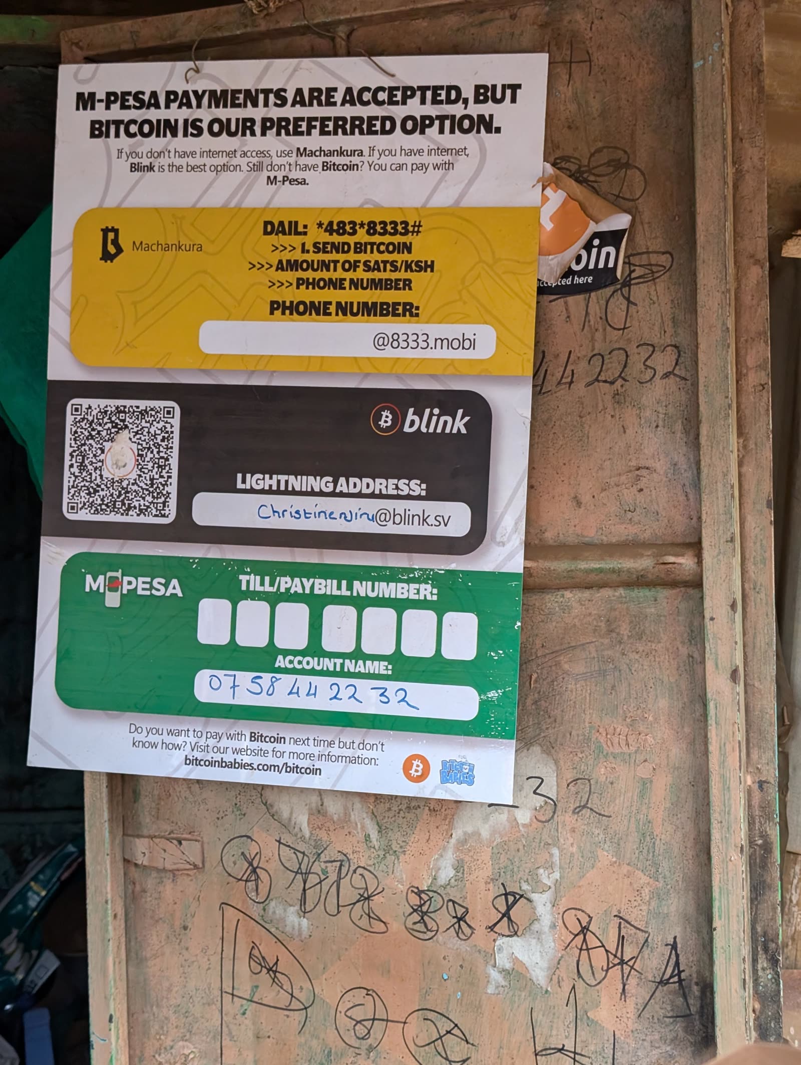 Payment poster at a Matangi shop listing a Blink Lightning address and Machankura number alongside M-Pesa, stating Bitcoin is our preferred option