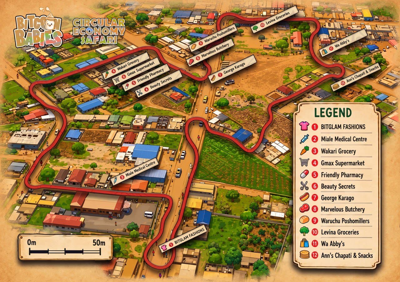 Illustrated Circular Economy Safari map of Matangi, Kenya showing twelve Bitcoin-accepting merchants including BitGlam Fashions, Miale Medical Centre, Wakari Grocery, and Friendly Pharmacy