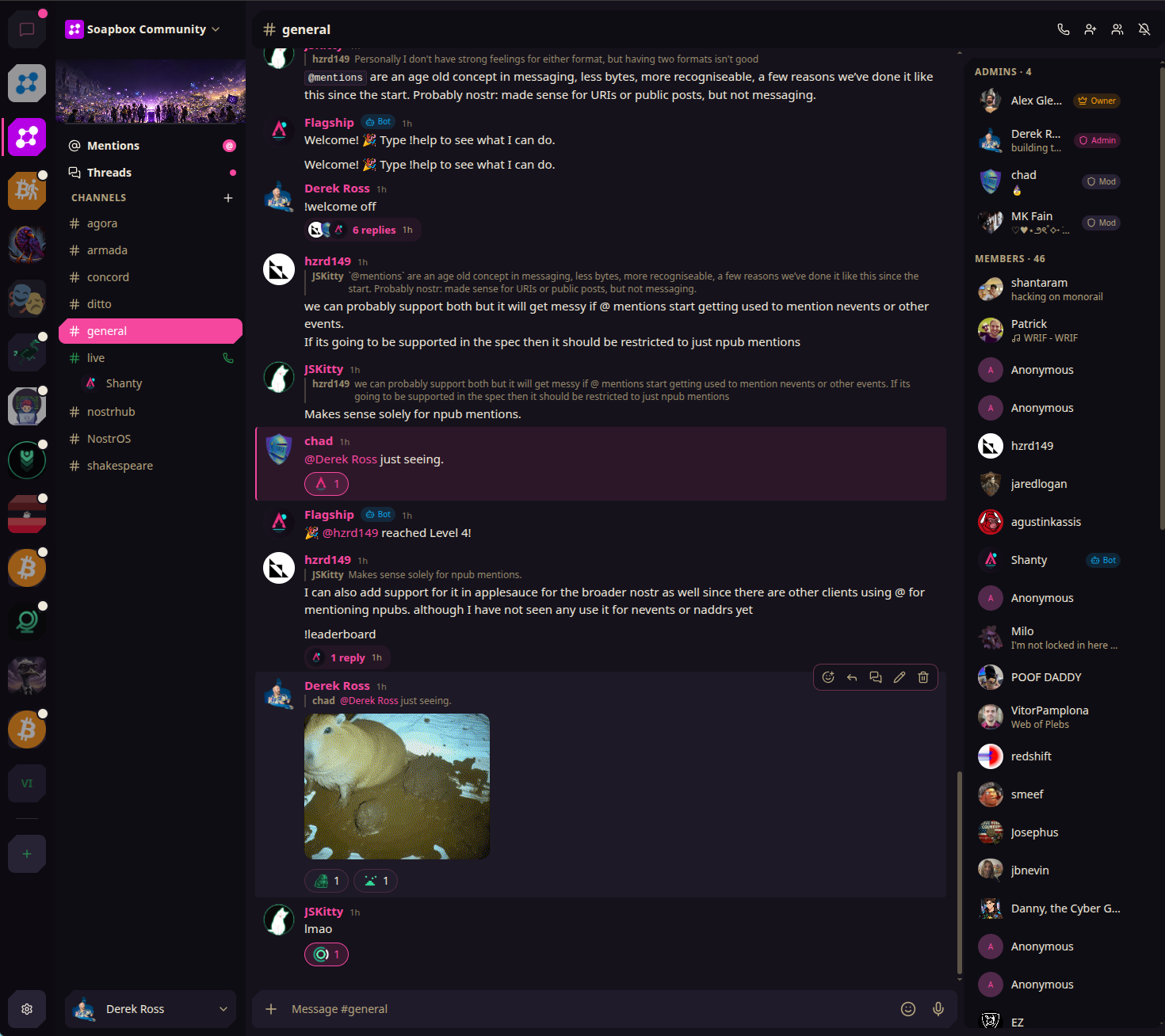 The Soapbox Community running in Armada — channels, live conversation, and member list, Discord-style