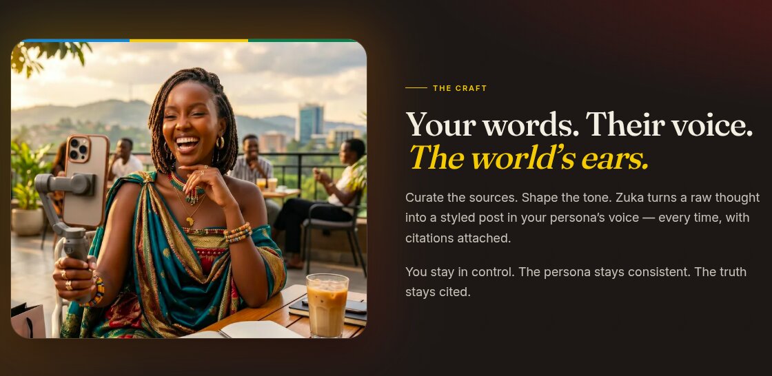 Zuka composer section — Your words. Their voice. The world's ears. Curate the sources, shape the tone, Zuka turns a raw thought into a styled post in your persona's voice with citations attached.
