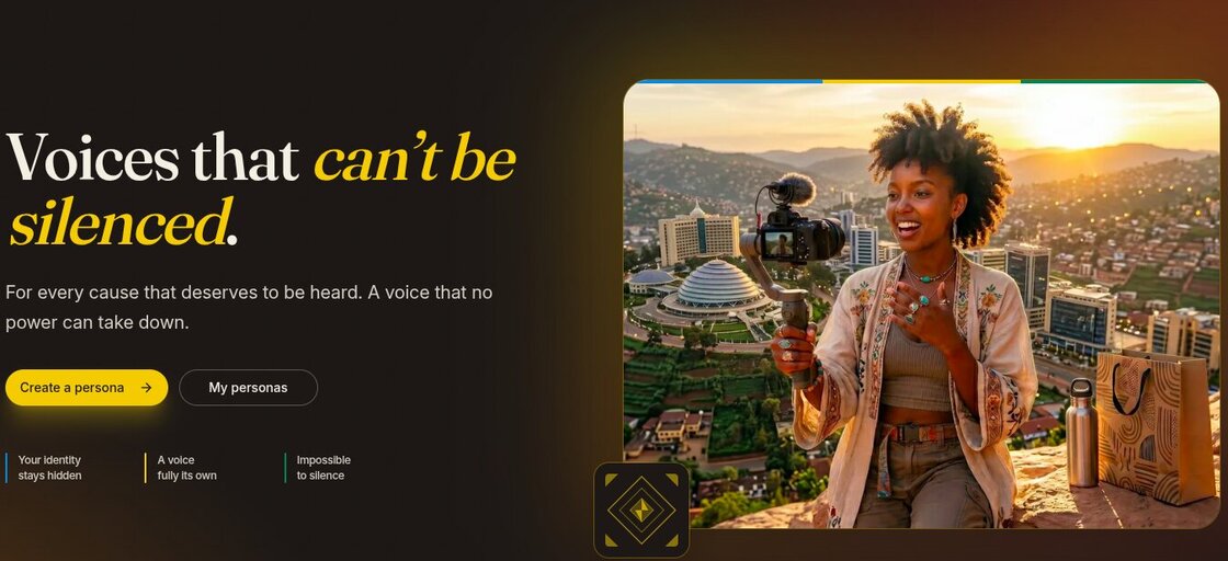 Zuka homepage hero — Voices that can't be silenced. A young woman recording video on a phone gimbal overlooking Kigali, Rwanda, with the taglines: your identity stays hidden, a voice fully its own, impossible to silence.