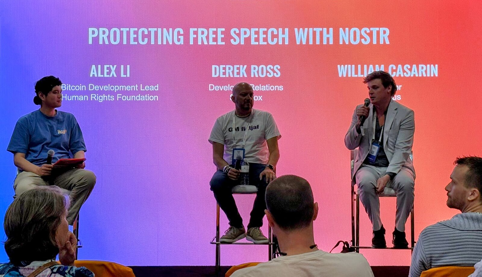 Alex Li, Derek Ross, and William Casarin on the HRF Freedom Goes Up Stage during the Protecting Free Speech with Nostr panel