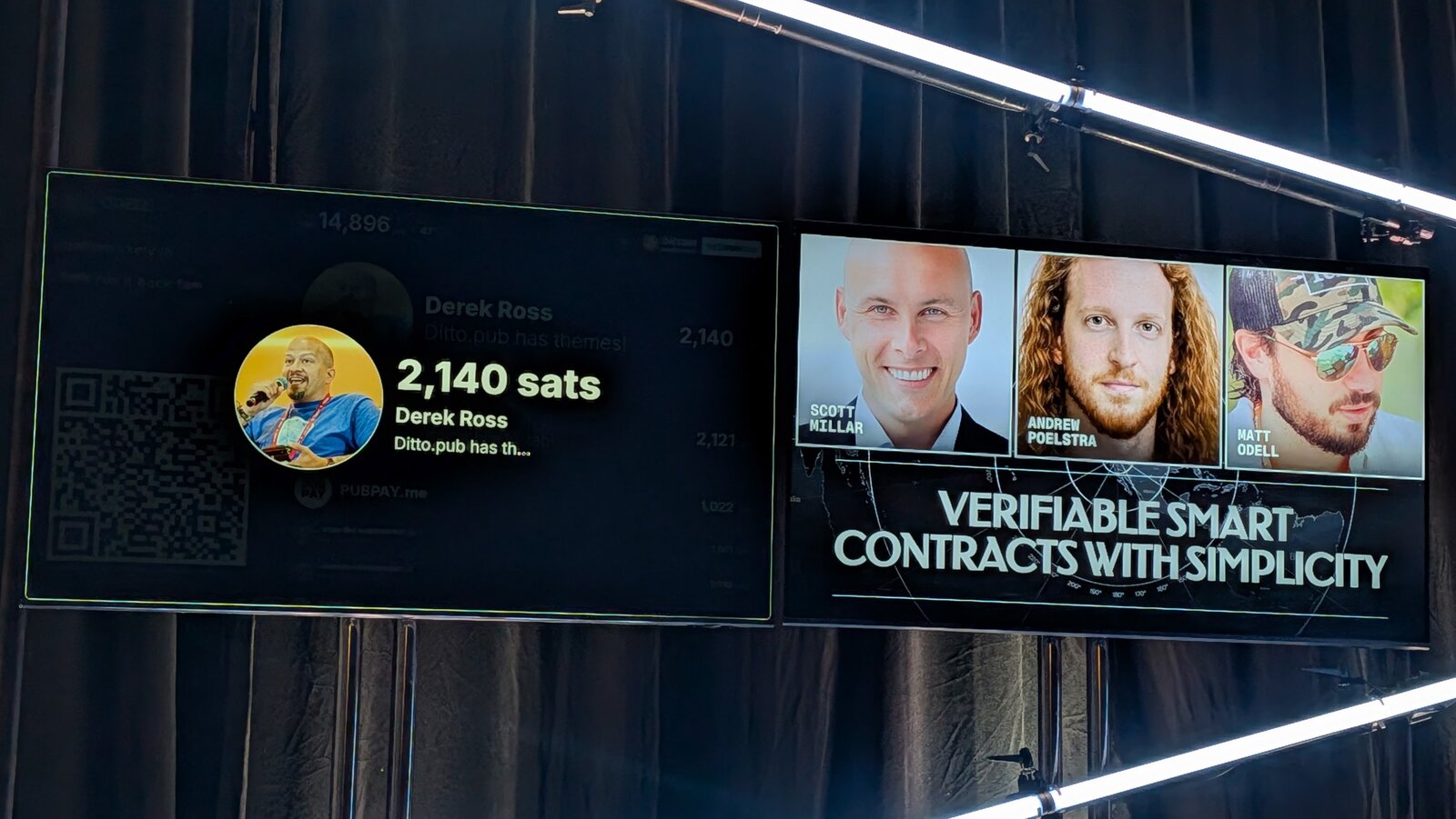 The Open Source Stage TVs showing a live PubPay zap leaderboard with Derek Ross's note 'Ditto.pub has themes!' next to the upcoming 'Verifiable Smart Contracts with Simplicity' panel