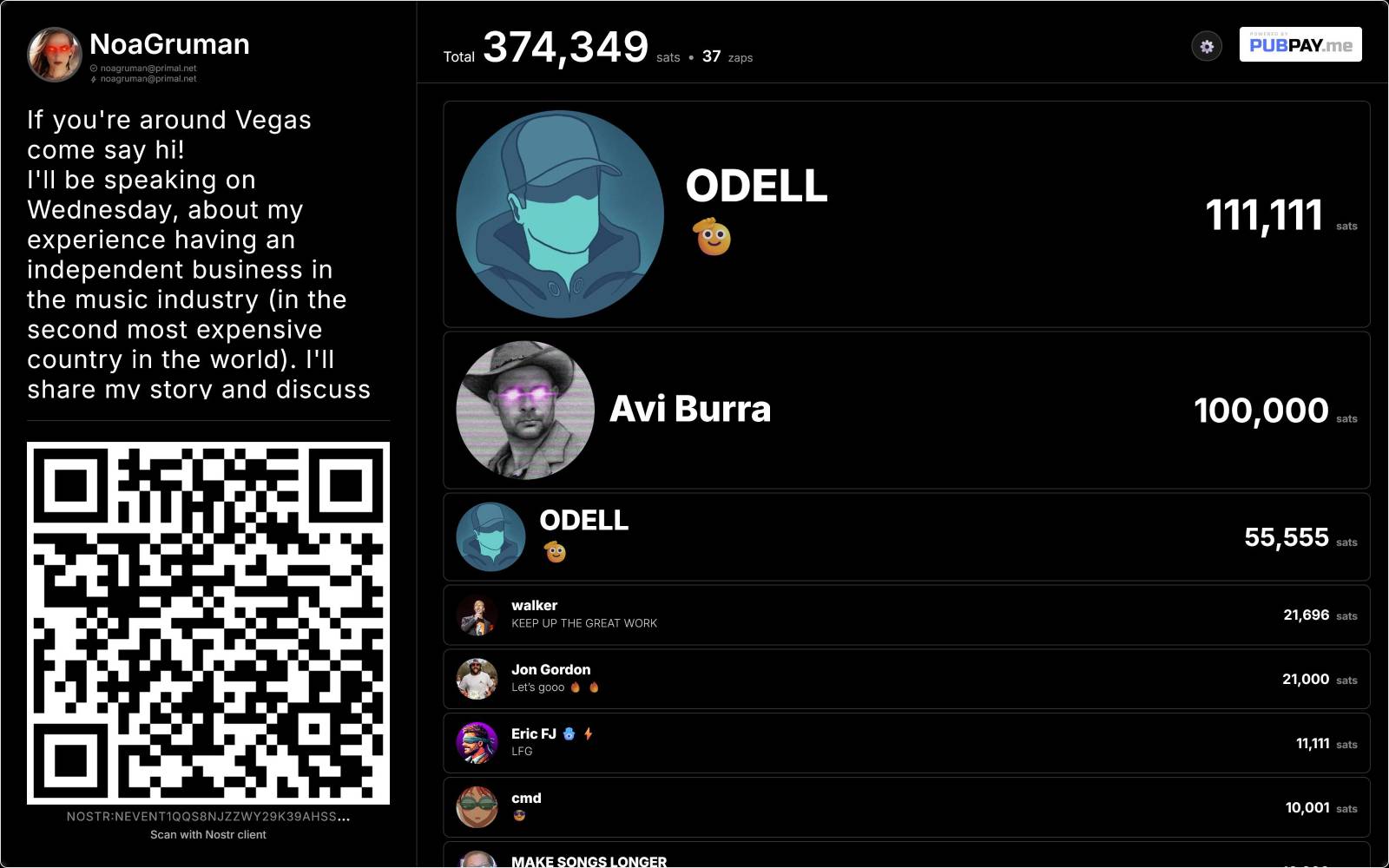 PubPay leaderboard for Noa Gruman at NosVegas 2.0 showing 374,349 sats across 37 zaps