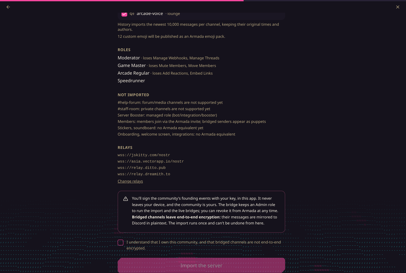 Encryption warning and consent checkbox before importing a Discord server to Armada