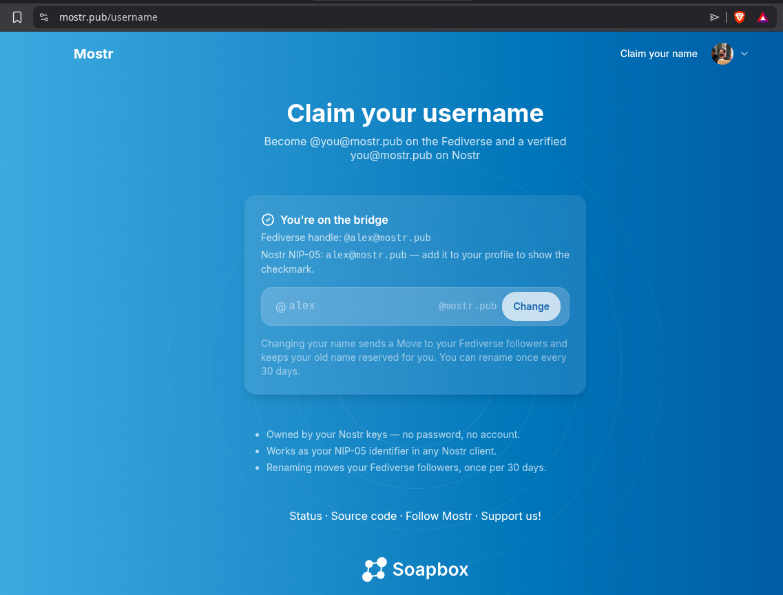 The Mostr claim your username page: become @you@mostr.pub on the Fediverse and a verified you@mostr.pub on Nostr, owned by your Nostr keys