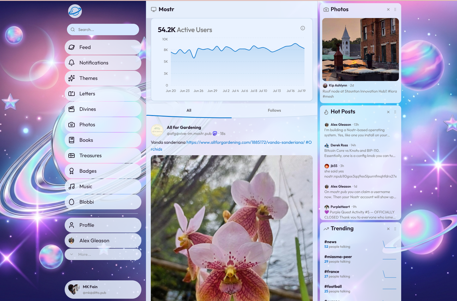 Browsing the Mostr feed on Ditto: the Mostr client page showing 54.2K active users, a feed of posts bridged from the Fediverse, and hot posts trending across the bridge