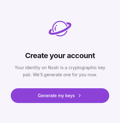 Ditto create account screen generating a Nostr key pair