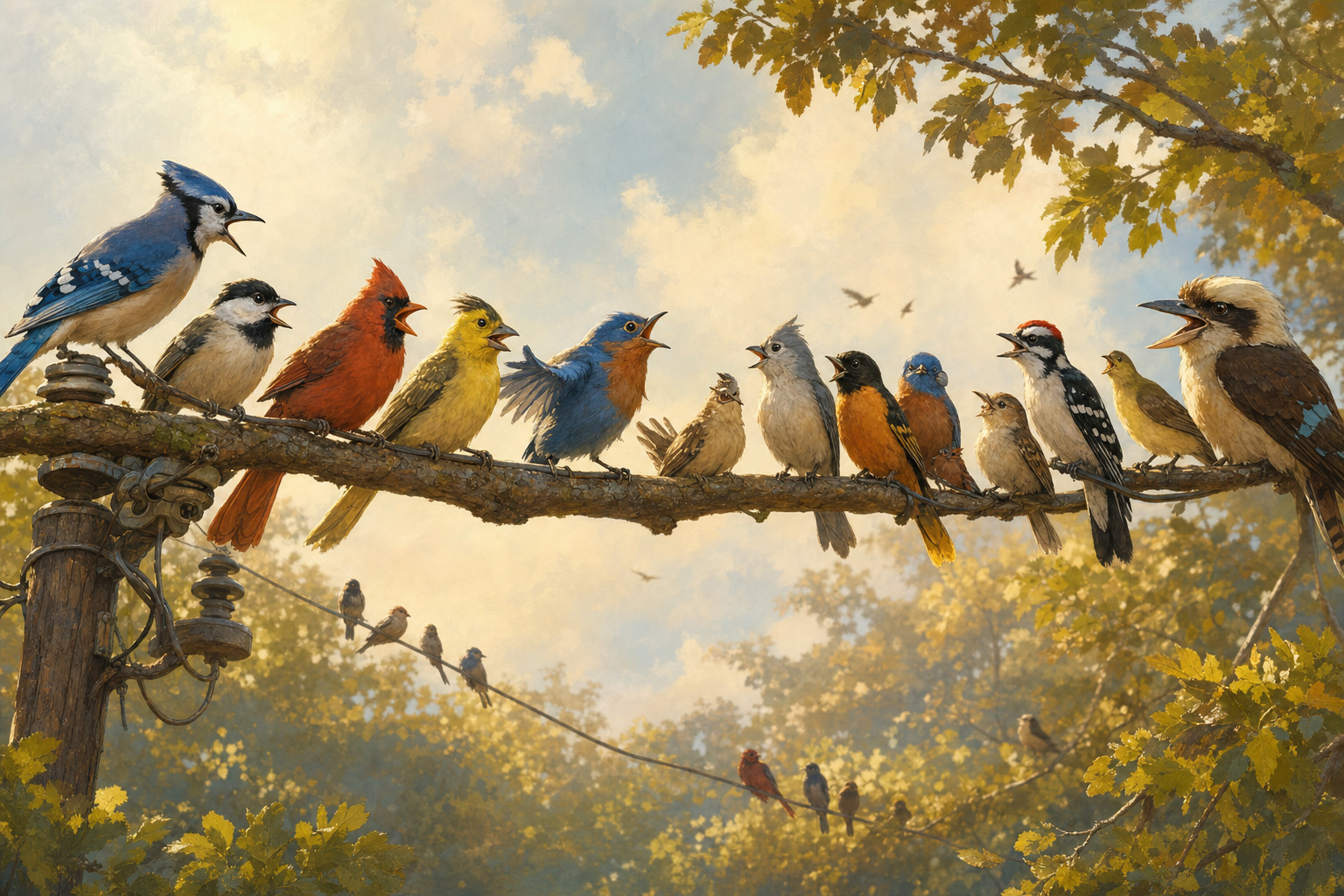 A parliament of many different birds perched in a row on a branch that doubles as a power line, all squawking at once like a noisy debate over what becomes official Nostr