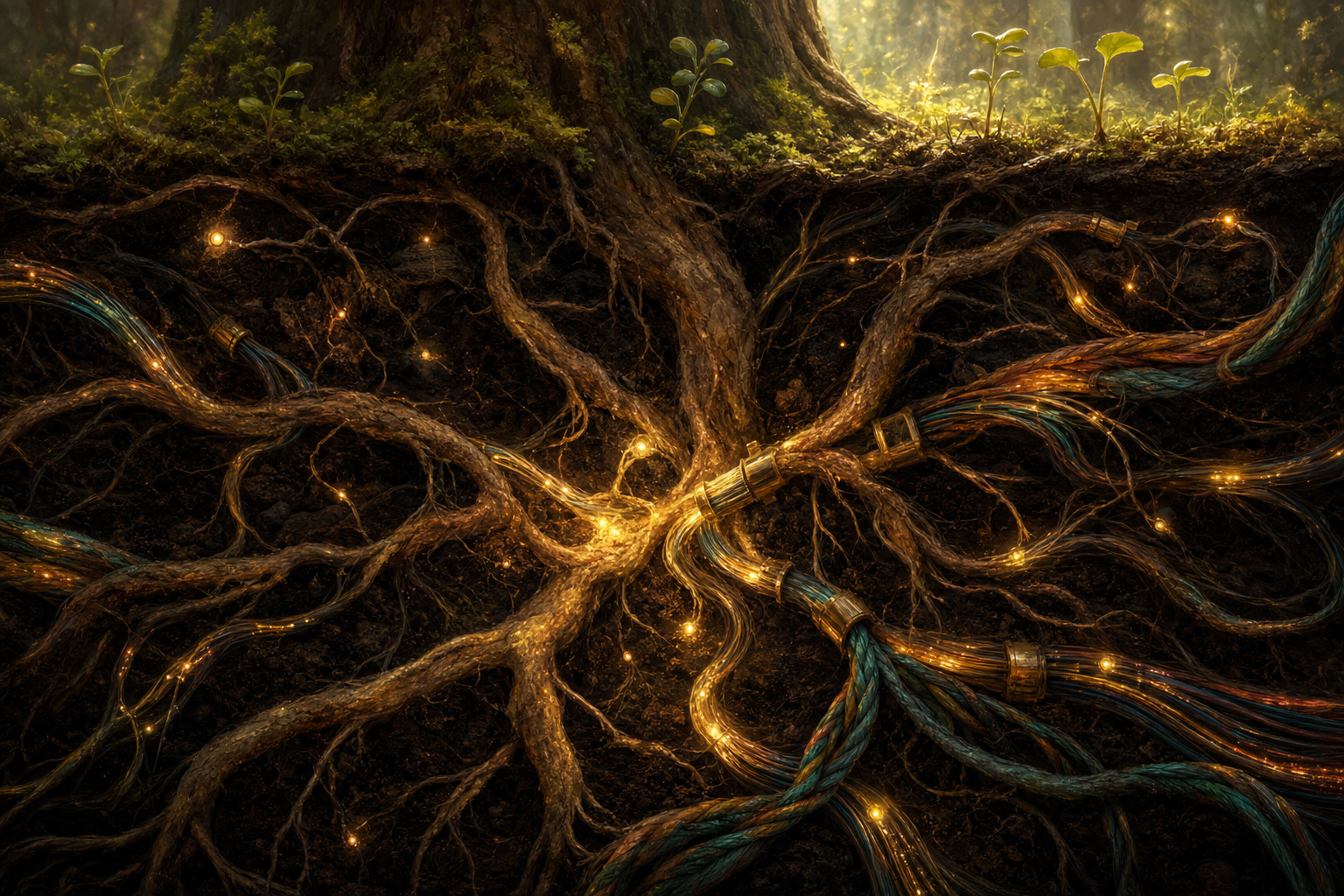 NostrHub 2.0: tree roots beneath the forest floor woven together with glowing fiber-optic cables, the Nostr network connected through the ground like mycelium
