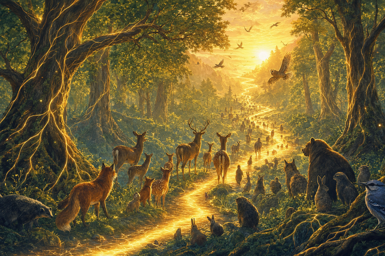 A dawn forest with a glowing river of light winding toward the sunrise, deer, foxes, birds and other creatures converging along its banks, the Nostr developer community going farther together