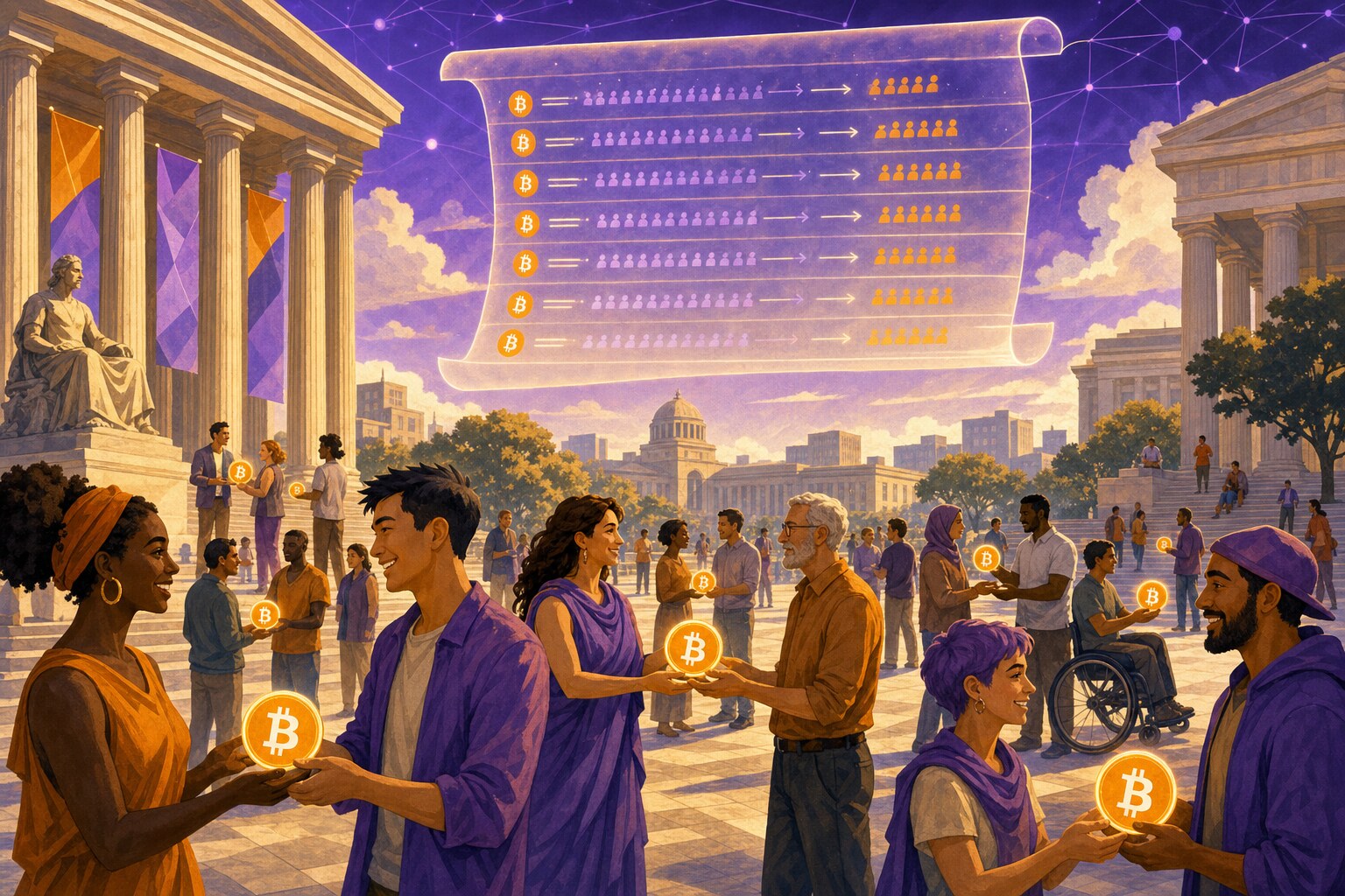 The case for a public ledger — Bitcoin transactions illuminated by sunlight in an open town square, citizens watching and participating openly