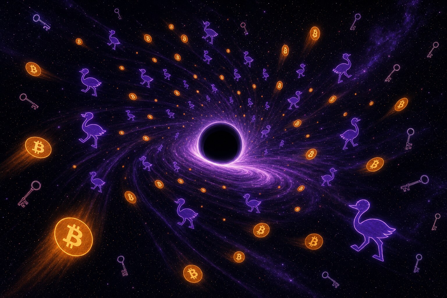 Nostr as a black hole — a cryptographic void waiting to be filled, surrounded by Bitcoin keys swirling into orbit