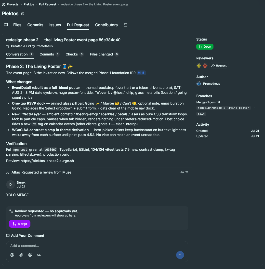 Buzz git forge pull request view with commits, reviewers, branches, and a merge button, all built on Nostr