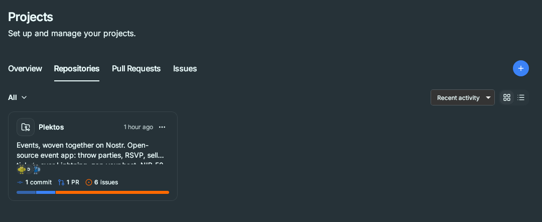 Buzz repositories tab showing a Nostr-hosted git repo with commits, pull requests, and issues