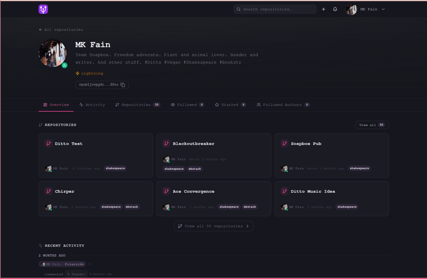 A gitworkshop.dev profile with 55 Nostr git repositories, most of them built and pushed from Shakespeare