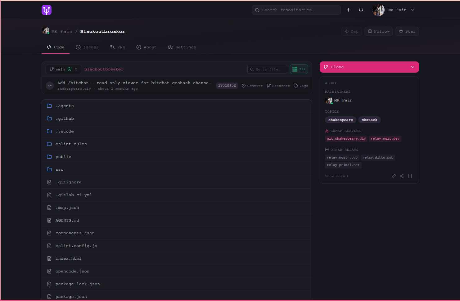 A Nostr git repository on gitworkshop.dev with code, issues, PRs, a clone button, and GRASP servers listed